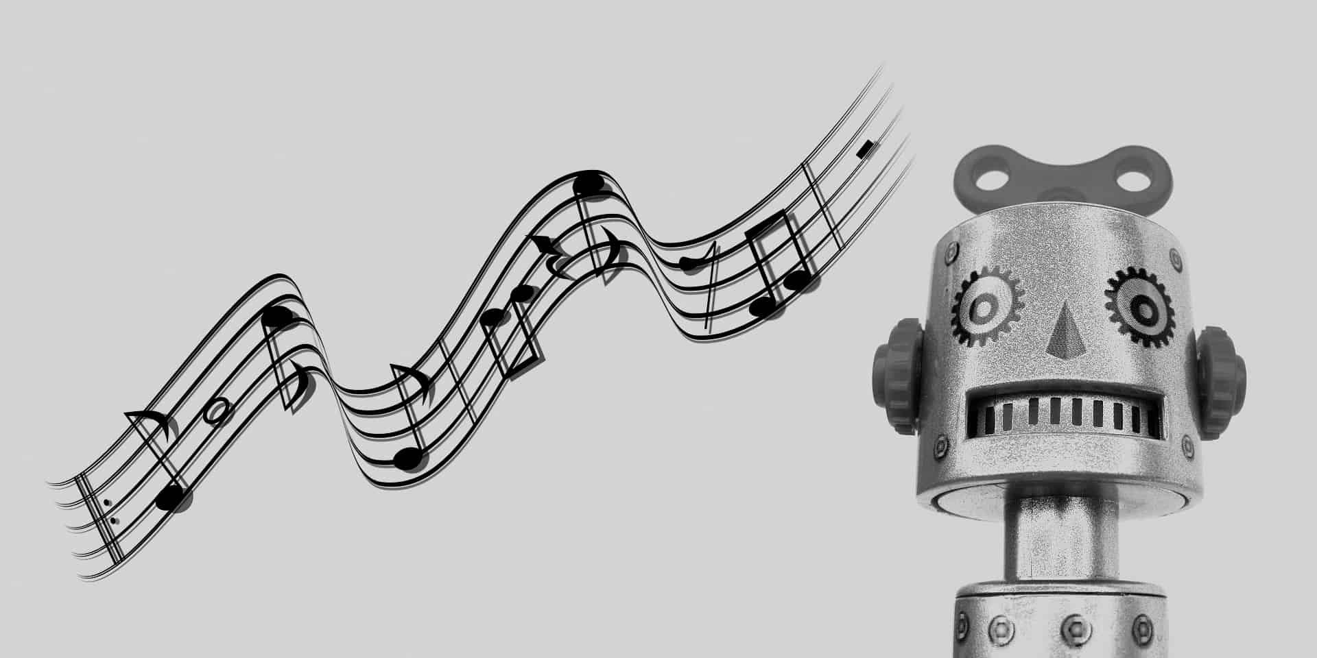 Vintage toy robot with musical notes floating in the air, black and white, artistic and nostalgic, representing music and robotics theme for Hypebot.