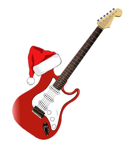 Red electric guitar wearing a Santa hat, representing holiday music or Christmas theme, on a white background.