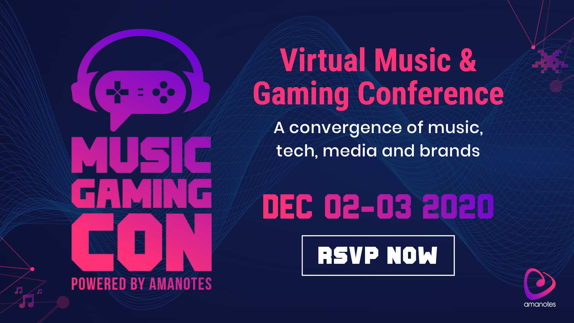 Virtual music and gaming conference poster featuring digital wave background, event dates, and RSVP call-to-action. Perfect for music, tech, gaming, and media industry promotional content.