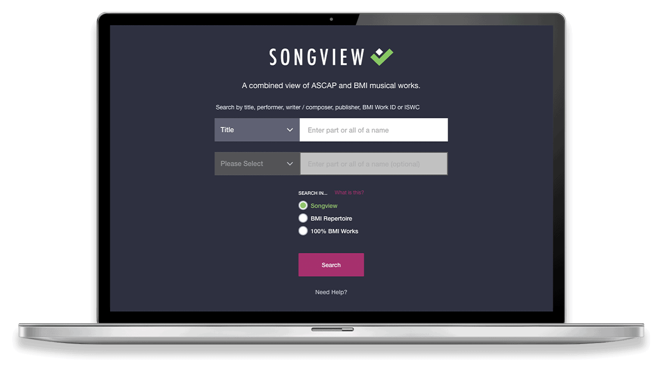 Songview music catalog search tool interface on laptop screen for ASCAP, BMI, and musical works database browsing, music industry, song rights management, music publishing platform.