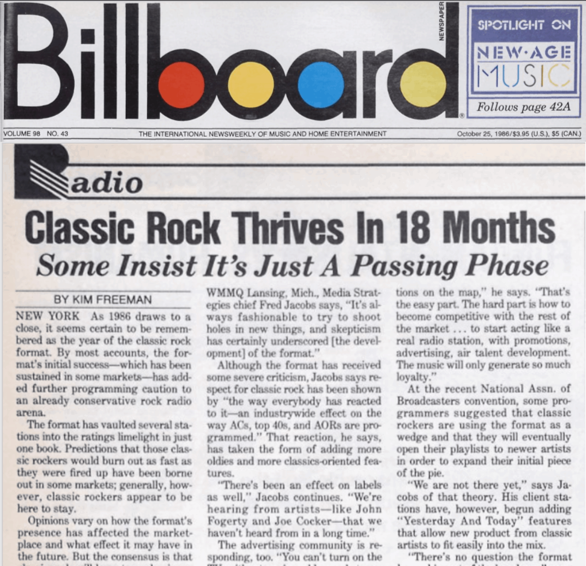 Classic rock music industry news about 1980s radio format success and skepticism, featuring radio broadcaster insights and industry trends from Billboard newspaper, October 25, 1986.