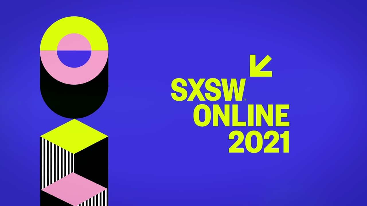 Vibrant SXSW Online 2021 digital event logo with geometric shapes and bold neon text on a blue background.