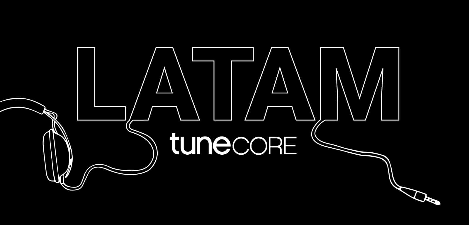 LATAM tuneCORE music distribution logo with headphones and cable on black background for digital music success.