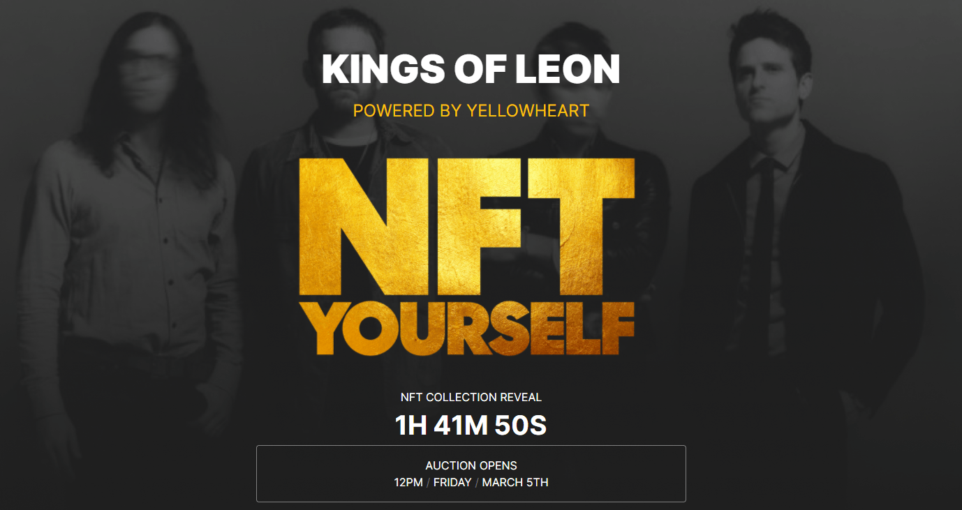 NFT collection reveal featuring Kings of Leon, powered by YellowHeart, with a countdown timer, auction details, and a promotional image highlighting the convergence of music and NFTs for digital art engagement.