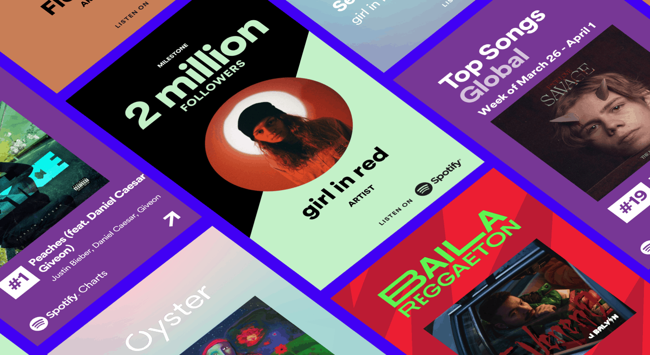 2. Bright music streaming app interface showcasing top charts and new releases on Spotify, with vibrant album covers and playlist highlights.