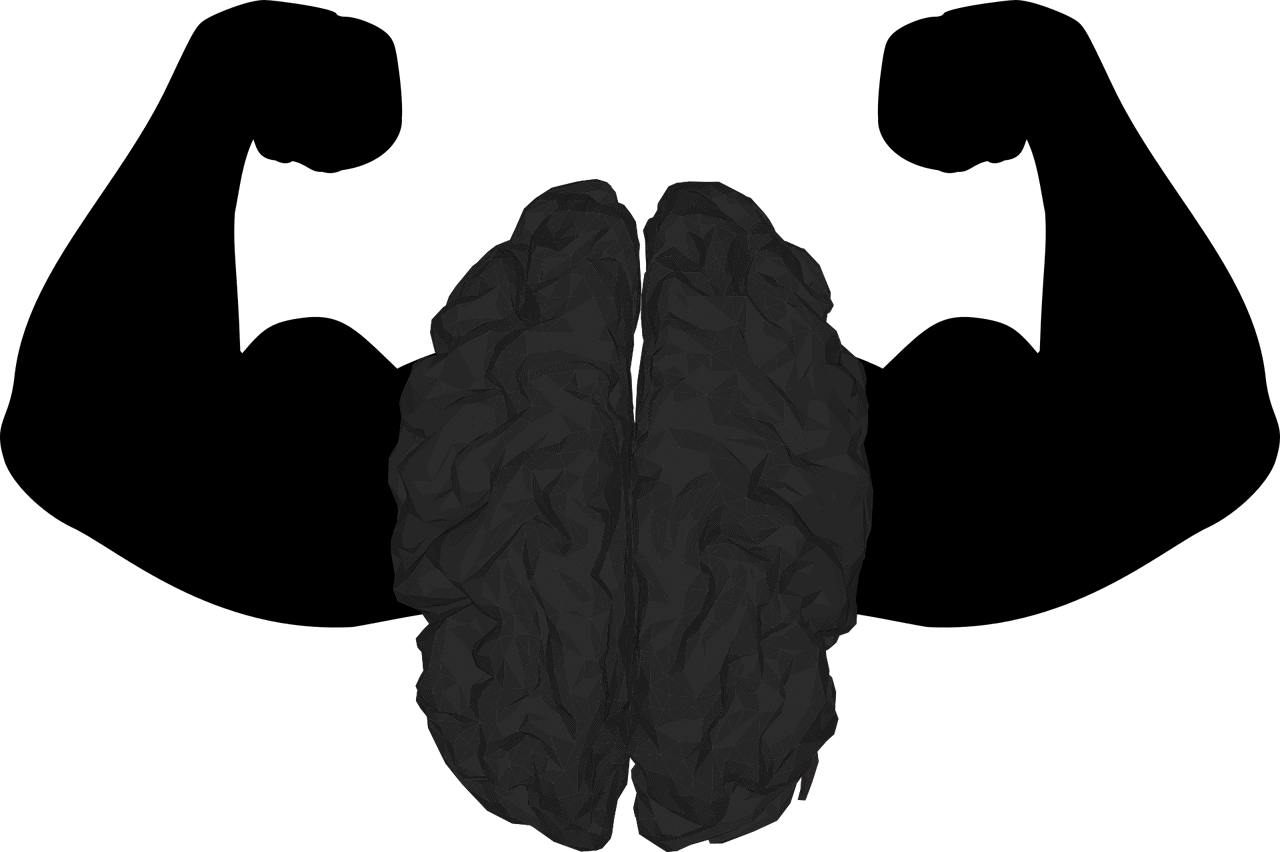 Brain and muscular arms illustration, symbolizing mental strength and fitness, digital art representing the connection between brain power and physical health for health and wellness topics.