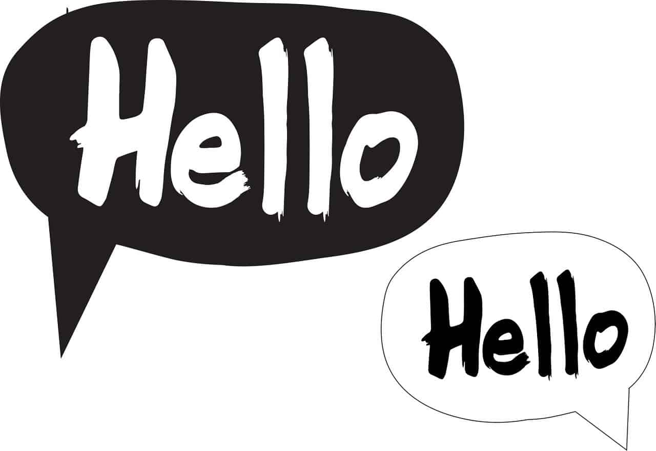 "Hello" in bold white text inside black and white speech bubbles, emphasizing communication and social media engagement, relevant for digital marketing and online interaction content.
