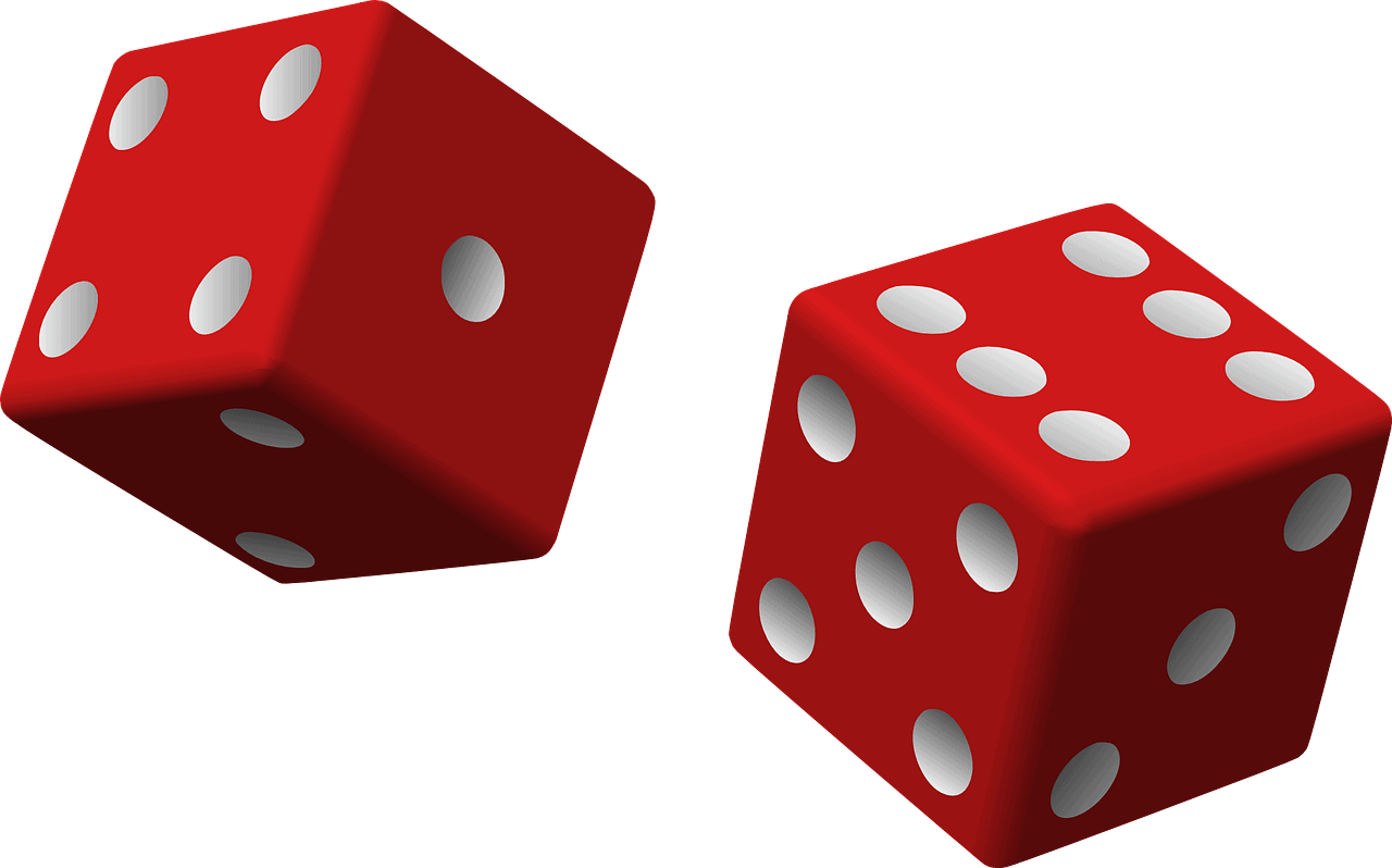 Red dice close-up on a red background, symbolizing luck and chance in gaming, gambling, and entertainment. Perfect for topics related to games, casinos, and probability.