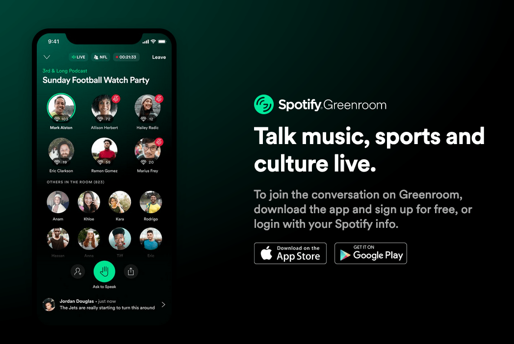 Spotify greenroom app interface for live music, sports, and culture discussions on mobile device.
