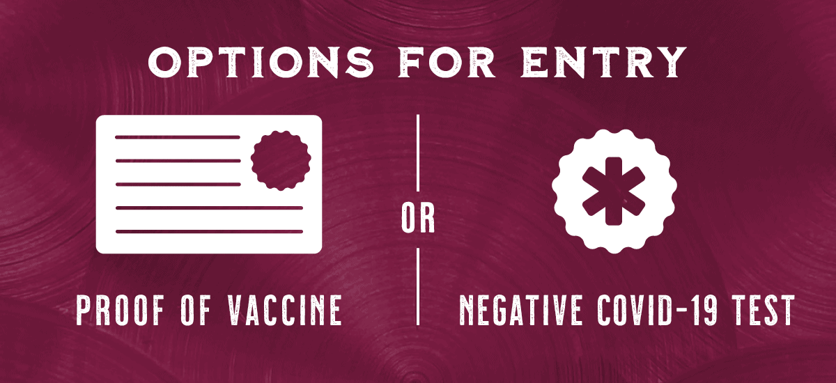 Proof of vaccination card and negative COVID-19 test options for event entry.
