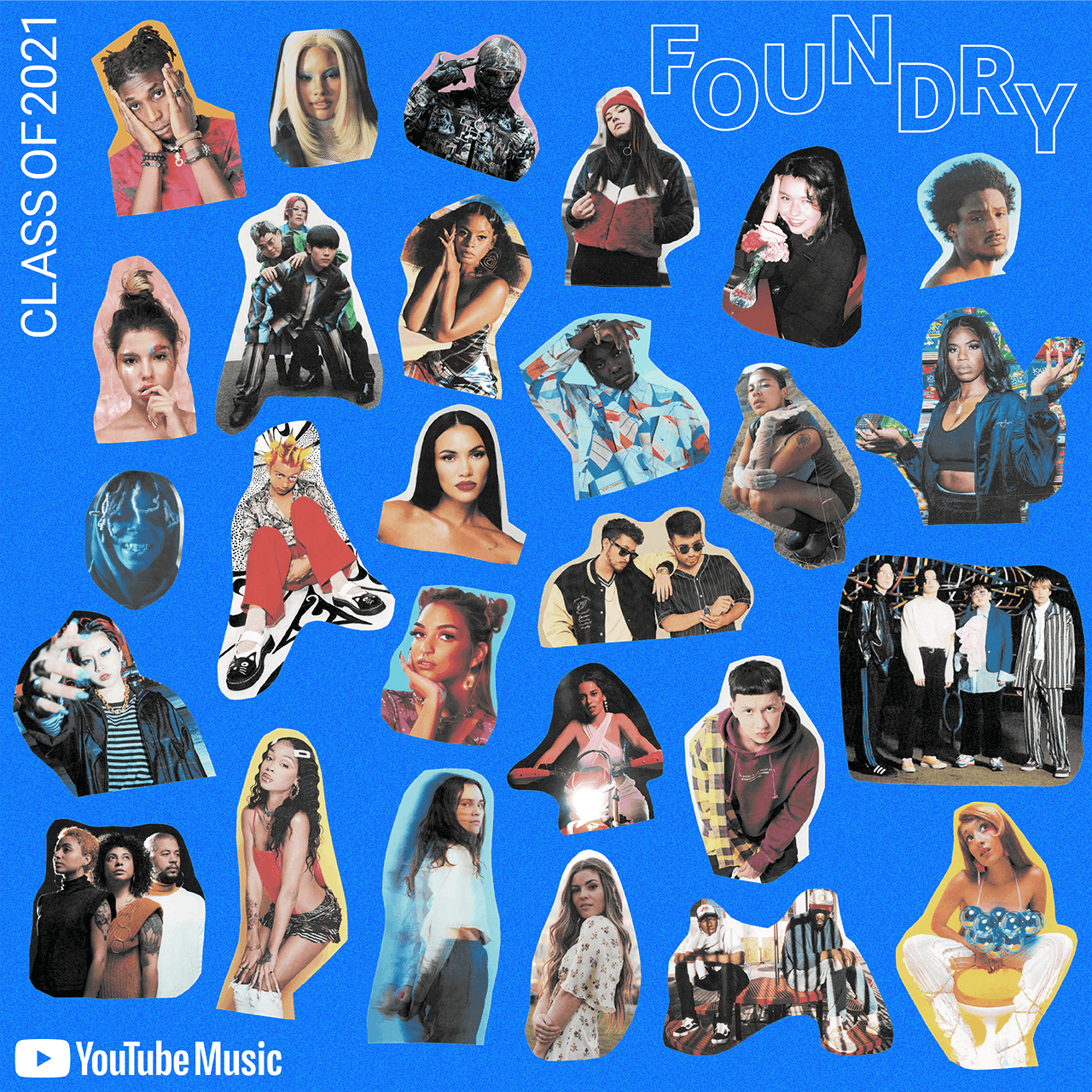 People collage featuring diverse musicians and artists for YouTube Music background image, vibrant and energetic, focusing on music industry, creative collaboration, and youth culture for SEO optimization.