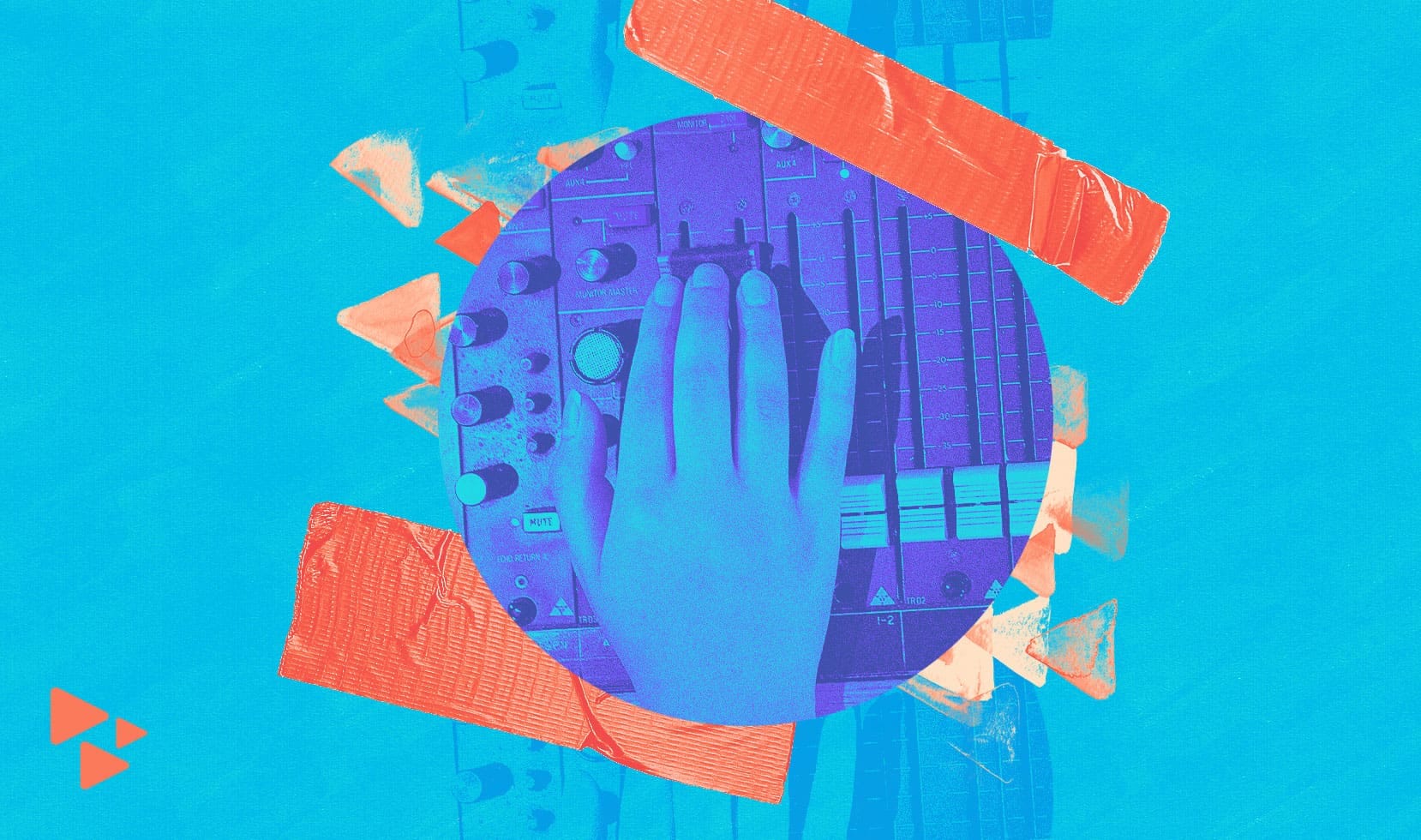 Vibrant digital collage of a DJ mixing console with colorful tape accents, representing music production, streaming, and digital entertainment themes.