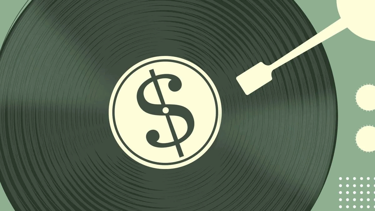 Money-themed graphic with vinyl record design, dollar sign at center, and stylized tonearm illustration, representing music industry revenue or monetization concepts.