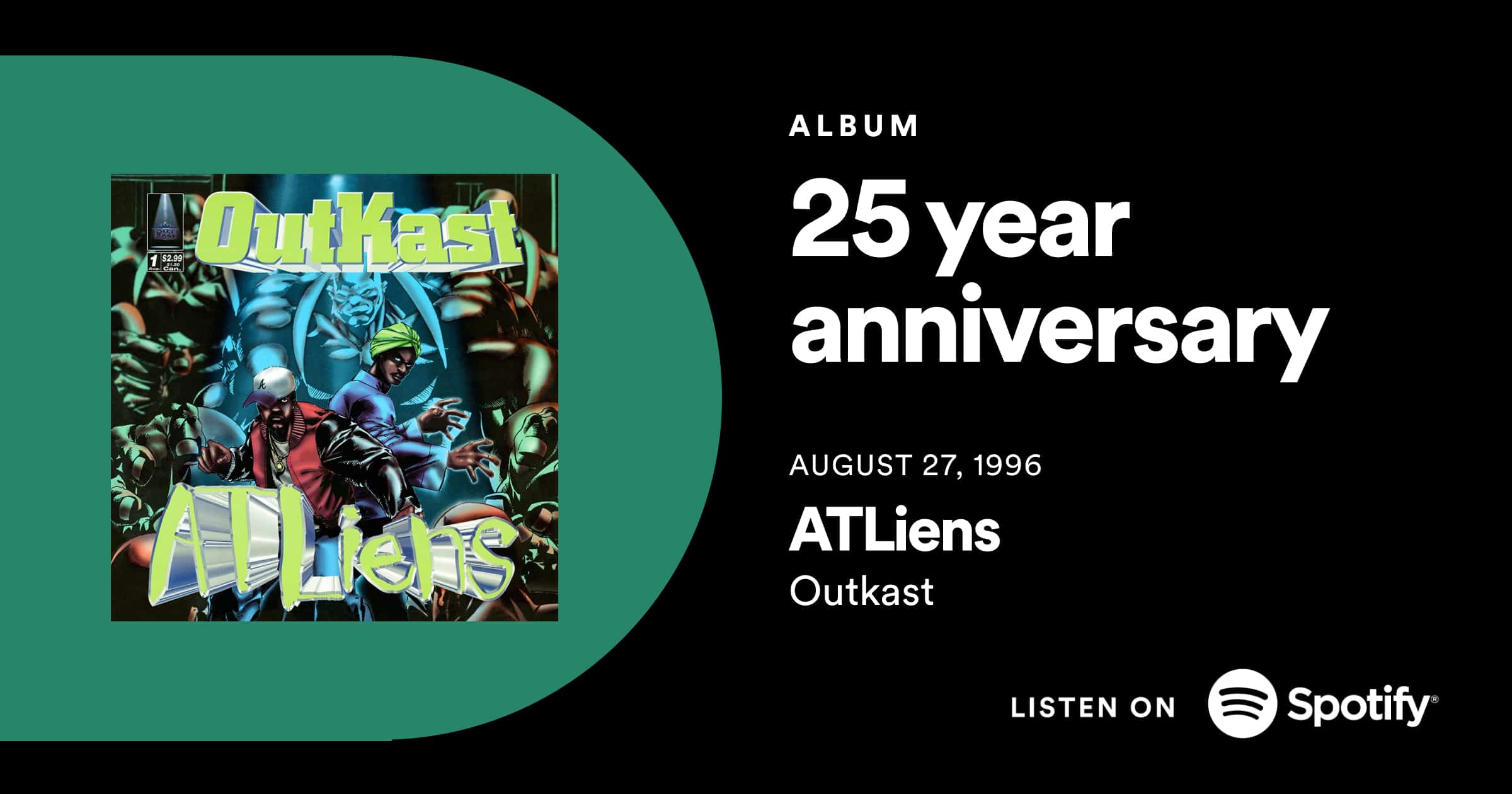 OutKast 25th anniversary ATLiens album cover featuring vibrant, futuristic artwork celebrating the classic hip-hop album from 1996.