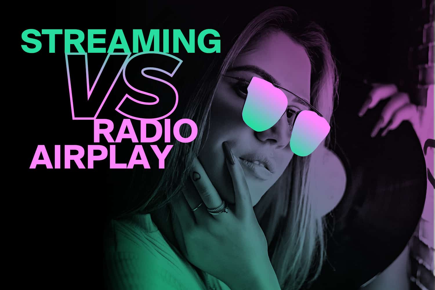 Bright digital marketing woman wearing colorful sunglasses, modern tech vibe, music streaming and radio broadcast theme, neon text overlay for Hypebot.