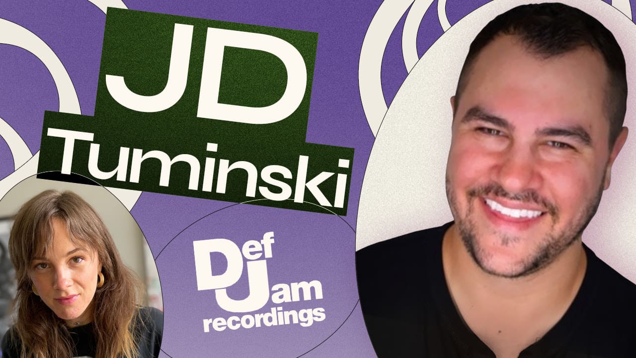 Energetic DJ JD Tuminski smiling at a music event, promoting DJ and music production services, with vibrant purple and green graphics emphasizing his brand and DJ expertise.