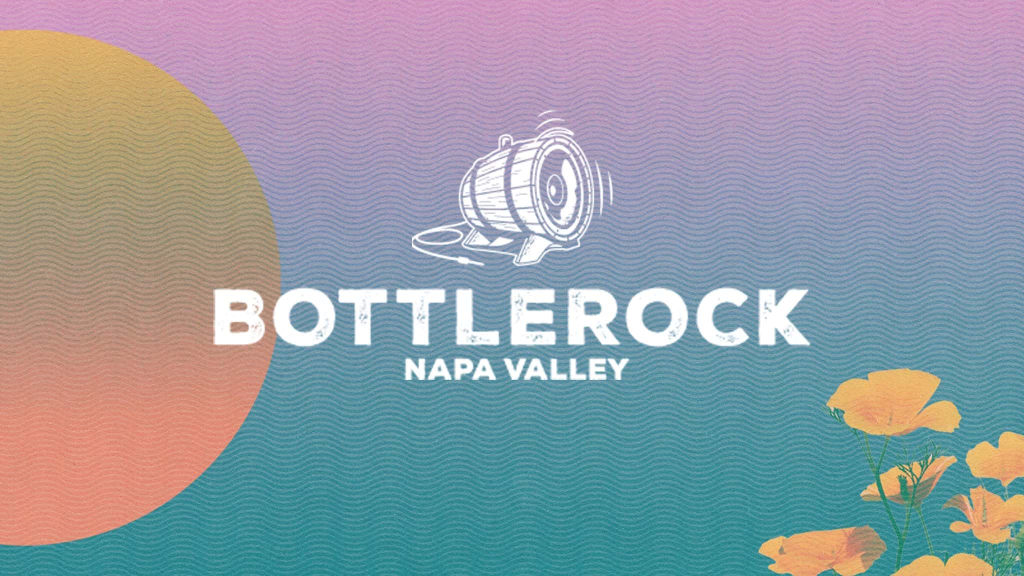 Vintage wine barrel illustration with Bottlerock Napa Valley logo, colorful background, and poppies flowers, representing a popular music and wine festival in Napa Valley, California, with a vibrant and artistic design.