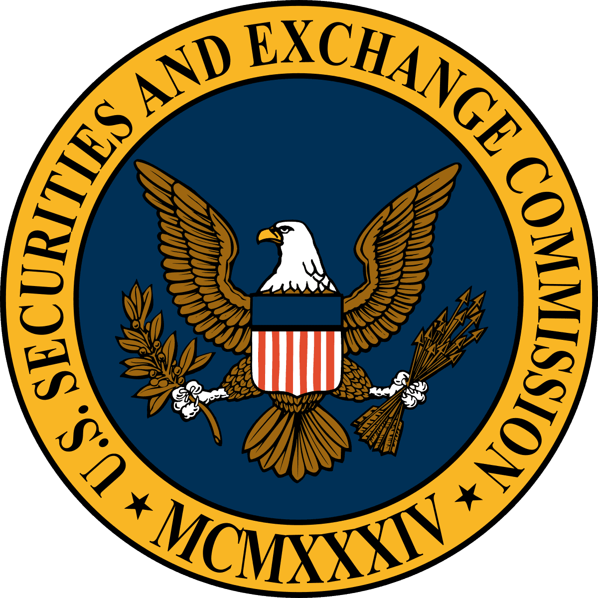 Eagle emblem of the U.S. Securities and Exchange Commission (SEC) with text circle around it, symbolizing regulation and oversight in the financial industry.