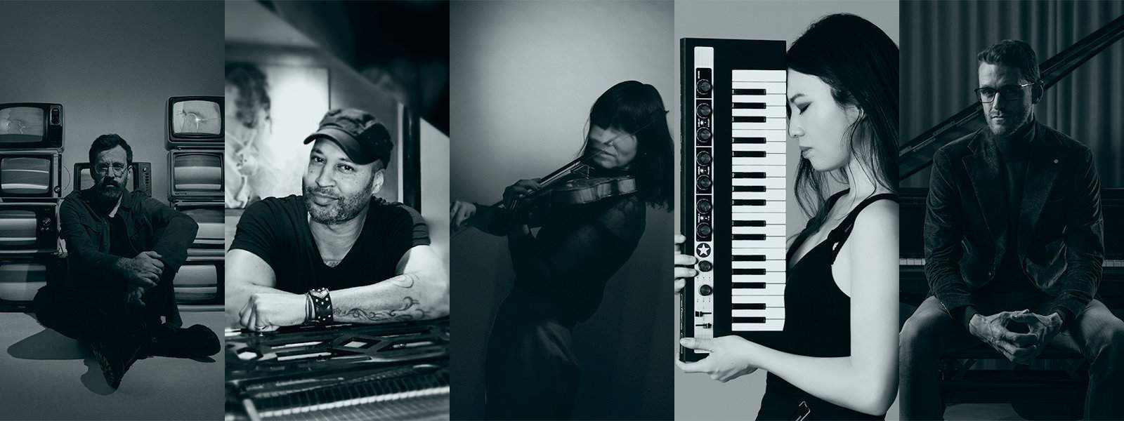 Innovative musicians in a studio with vintage and modern music equipment, showcasing creativity and collaboration in music production.