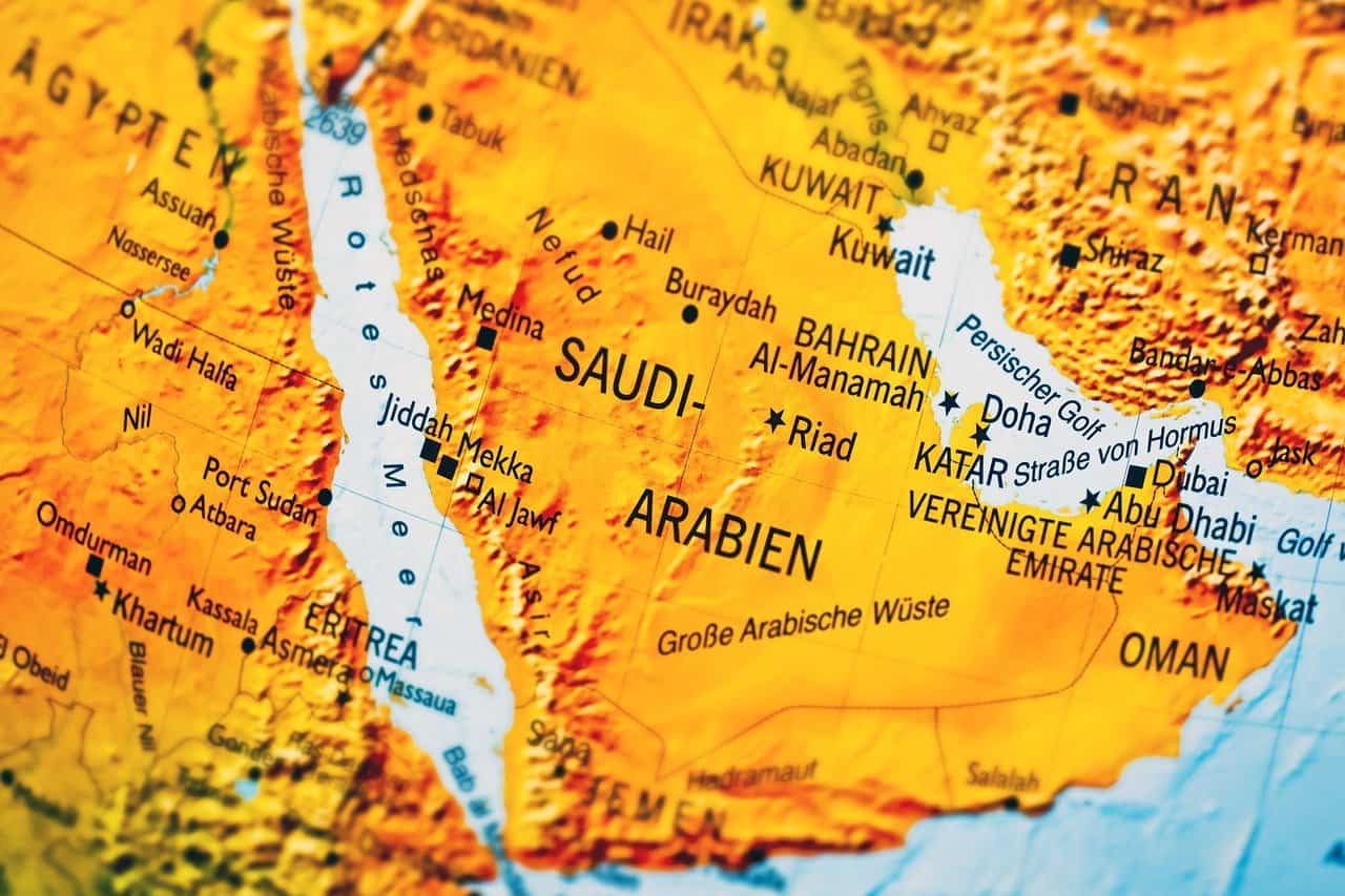 Map of Middle East focusing on Saudi Arabia, Kuwait, UAE, and surrounding countries, with city names and regional borders.