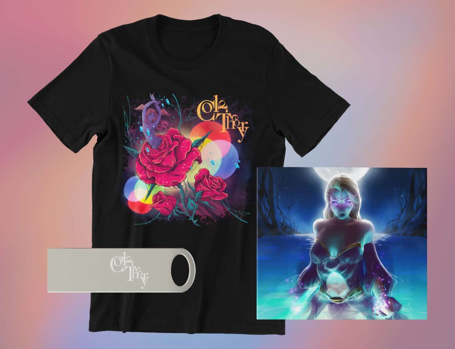 Vaporwave style T-shirt featuring neon roses, swirling colors, and retro typography. Includes a USB drive with a digital art design of a woman in a mystical, glowing landscape, highlighting music, digital art, and merchandise for music and art enthusiasts.
