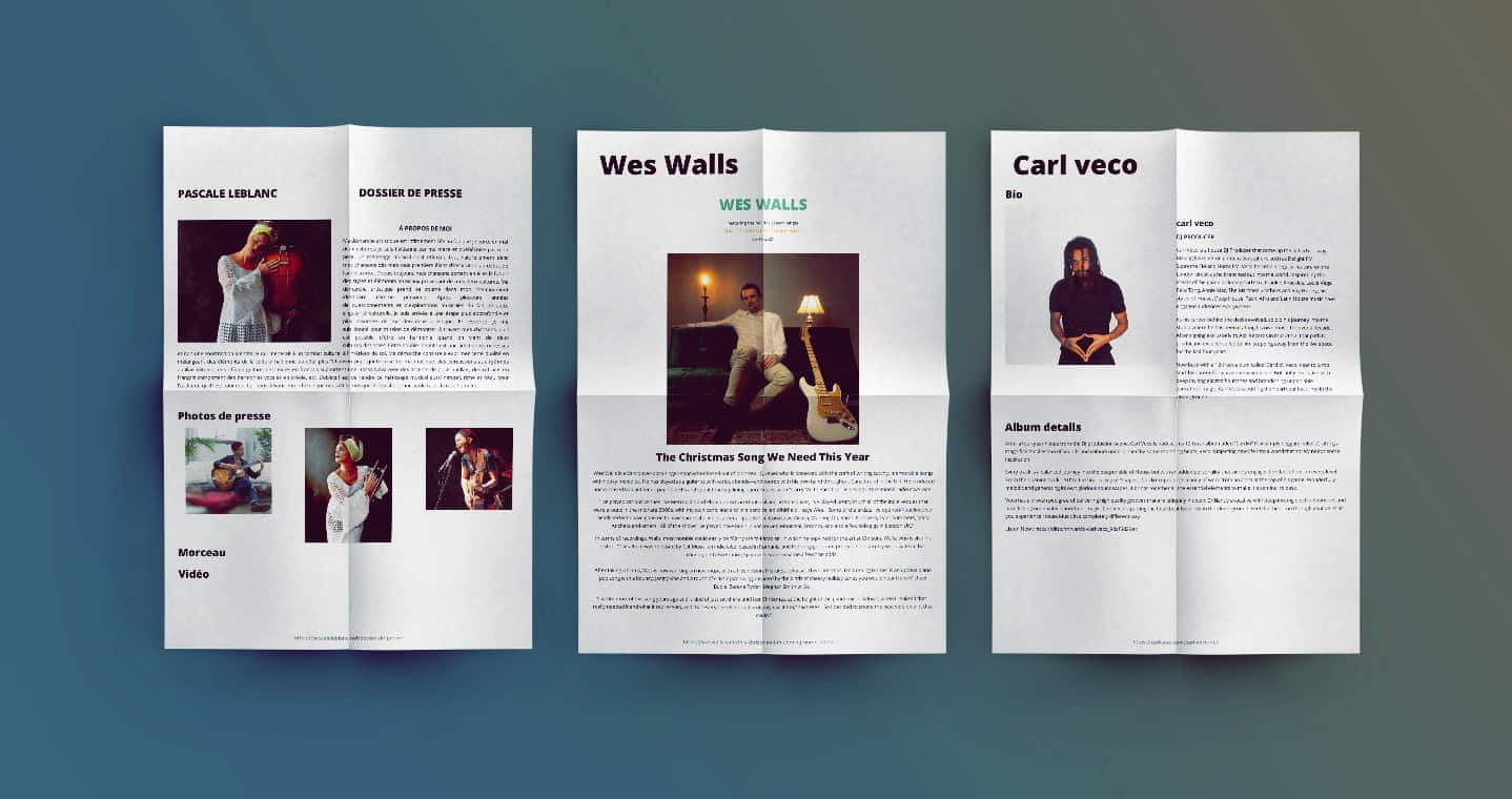 Brochure featuring artist profiles and press photos, showcasing music industry updates and promotional materials for musicians and bands.