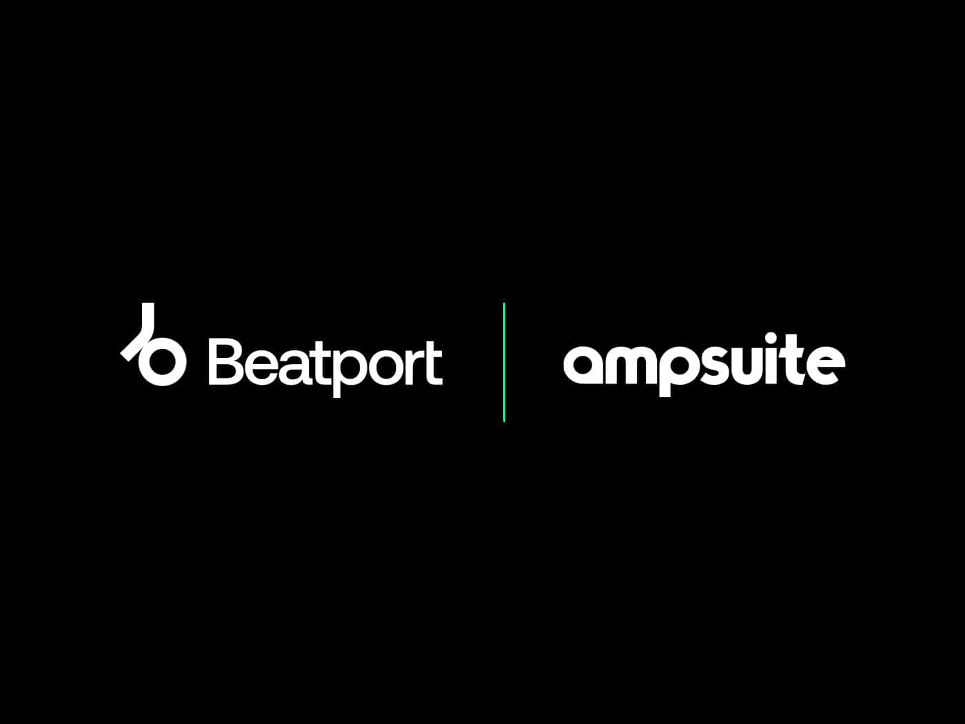 Logo for Beatport and Ampsuite collaboration, featuring black background with white text, symbolizing digital music and streaming services partnership, ideal for music industry SEO.