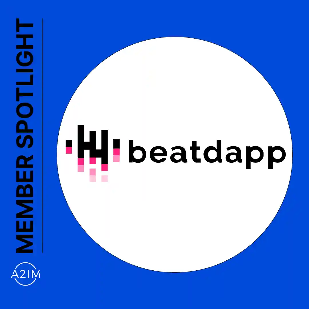 Beatdapp logo with digital sound wave graphic, music rights management platform, digital music, blockchain technology, music streaming, copyright compliance, music industry innovation, digital rights, music monetization, Hypebot image.