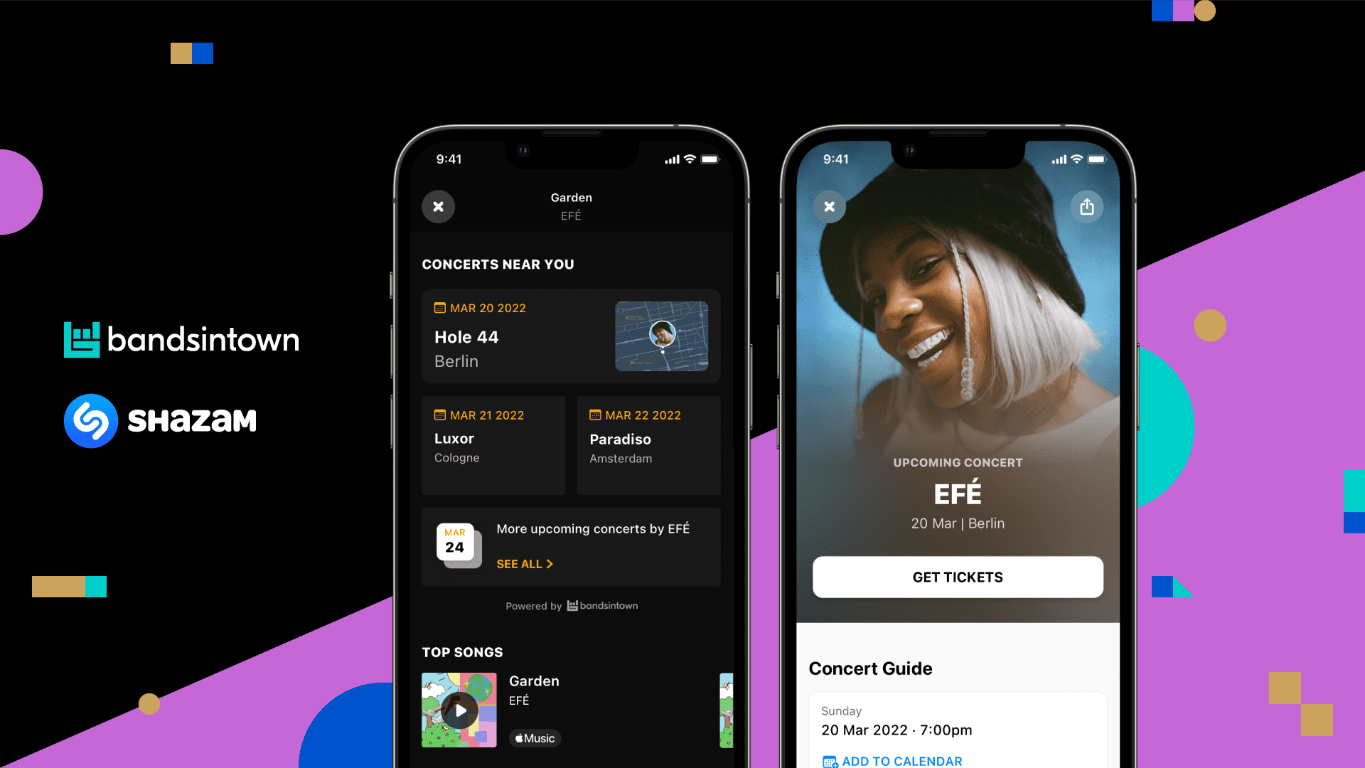 Concert apps interface showcasing upcoming music events and ticket purchase options on mobile devices, promoting concert discovery platforms, digital music promotion, and event management tools for artists and fans.