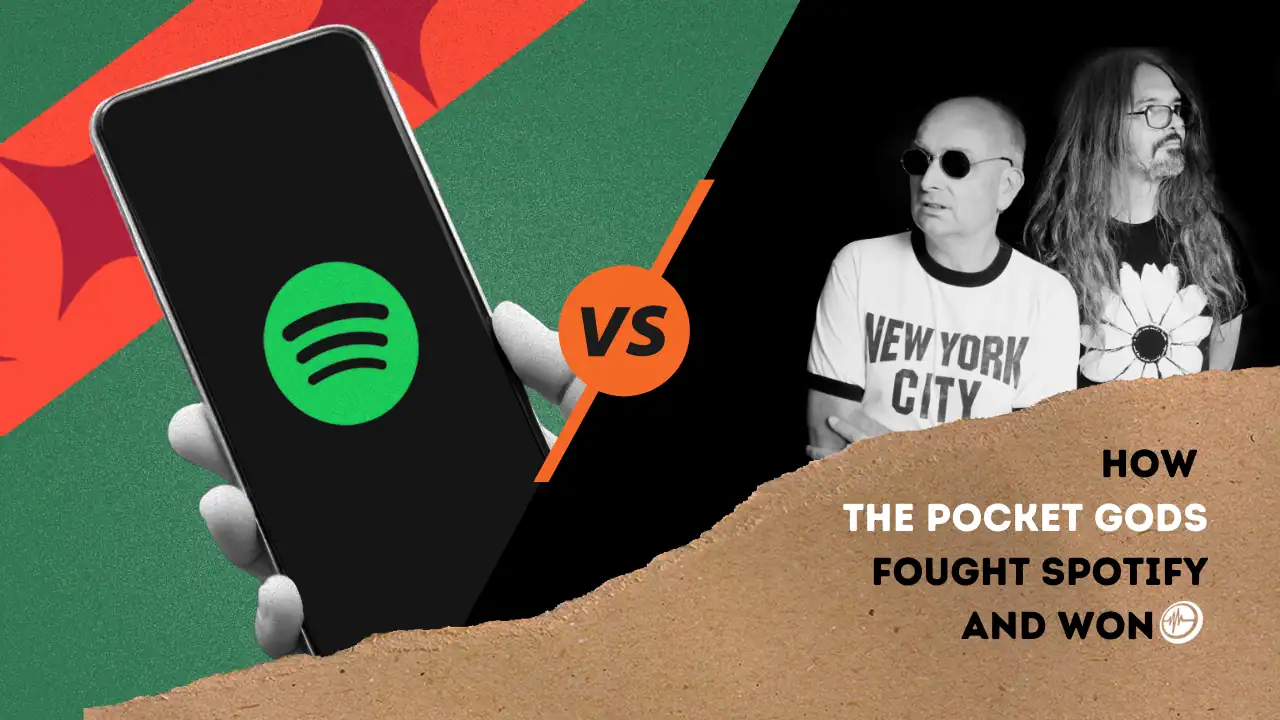 Spotify vs Apple Music competition featuring a smartphone with Spotify logo and two musicians, illustrating the battle between popular music streaming services.
