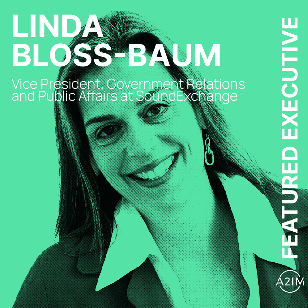 Linda Bloss-Baum Vice President of Government Relations and Public Affairs at SoundExchange, smiling confidently in professional attire, highlighting music industry advocacy and public policy expertise.