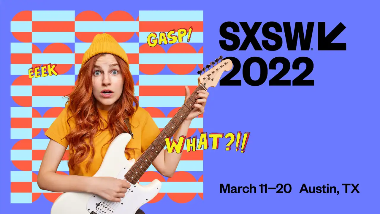 Vibrant woman with red hair holding an electric guitar at SXSW 2022, colorful background, music festival, live performance, Austin TX, music industry event, excited artist, SXSW music conference, music innovation.