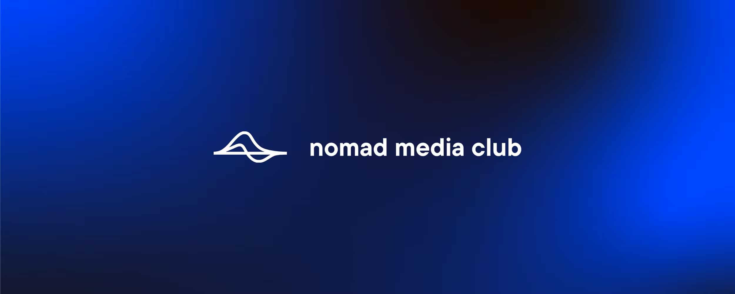 Nomad media club logo on blue gradient background, digital media, branding, modern logo design, creative marketing branding, media company branding.
