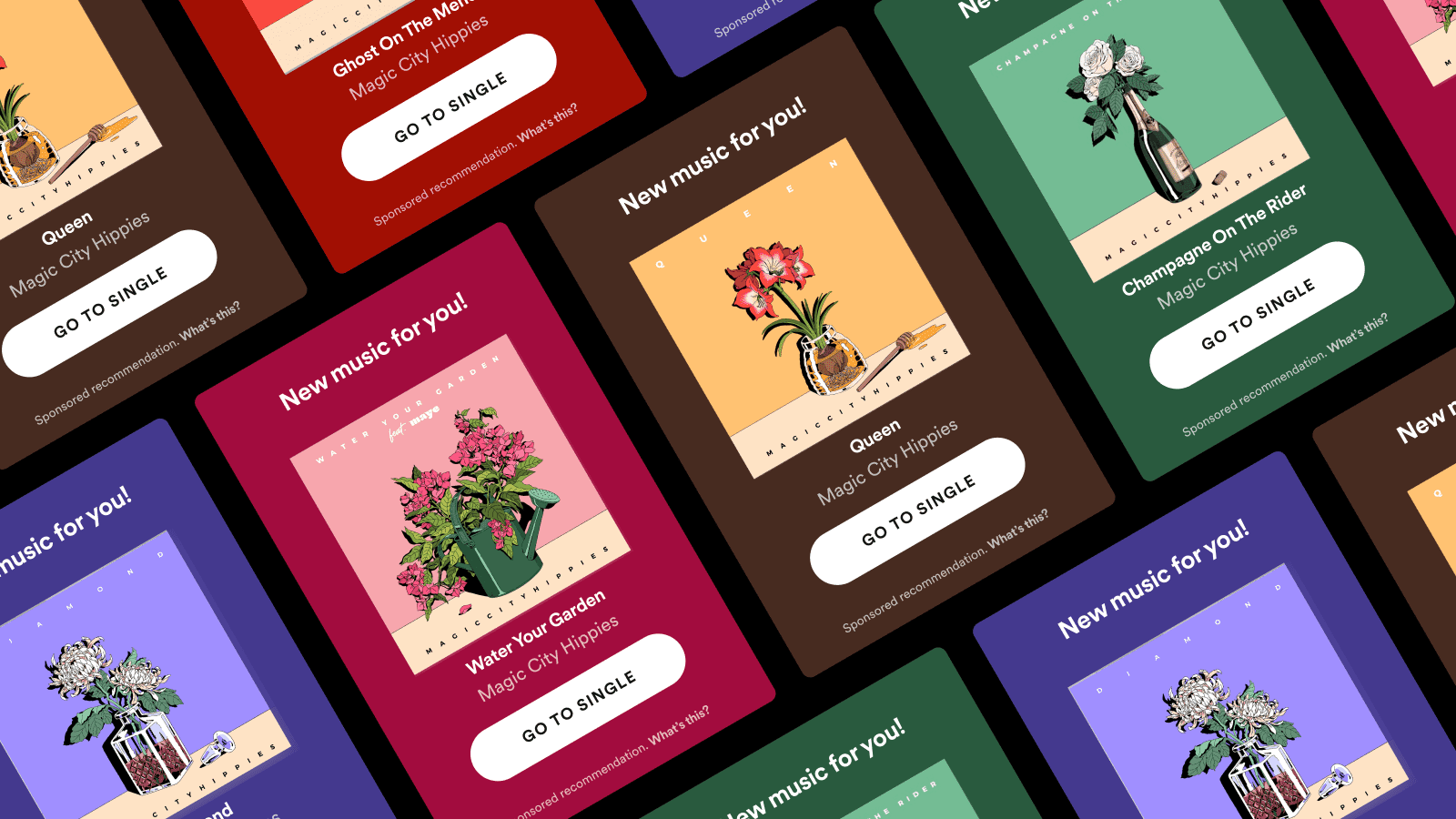 Vibrant digital advertisements for music singles from Magic City Hippies, featuring album artwork with floral themes, promoting new music releases, and encouraging streaming with 'Go to Single' buttons.