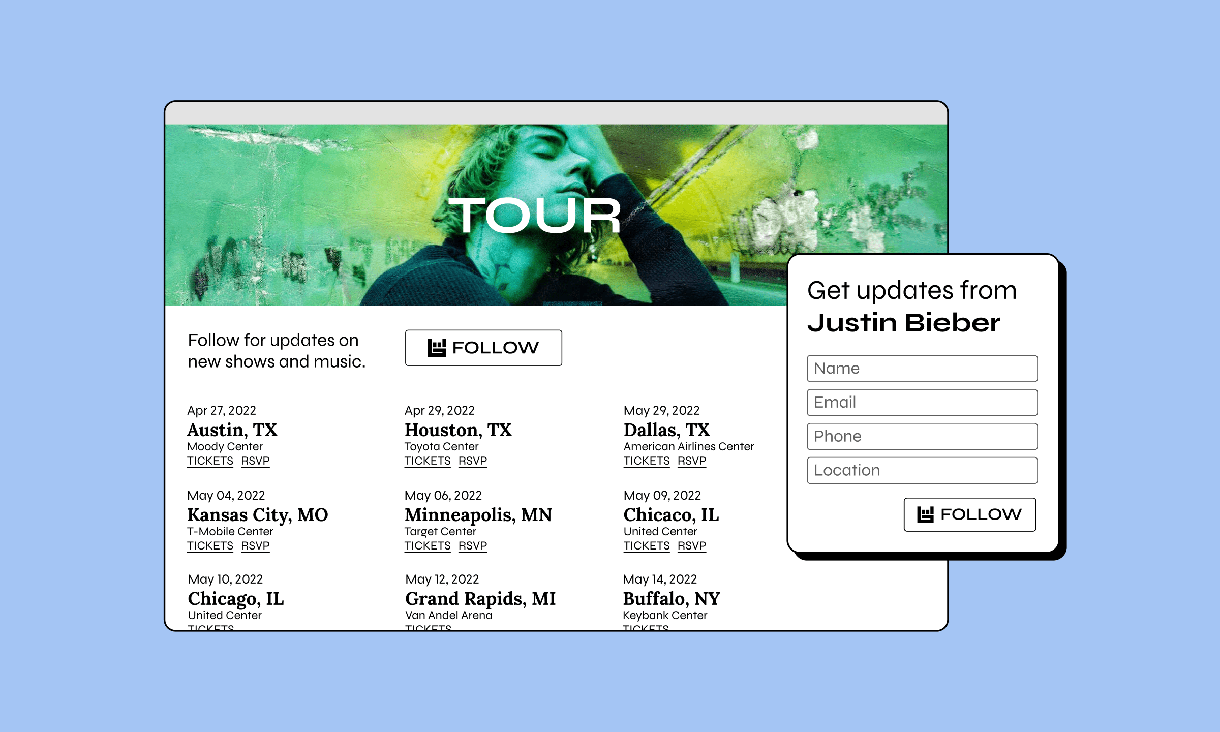 Tour concert ticket schedule for upcoming Justin Bieber live shows, music tour dates, concert venues, and event updates on Hypebot.