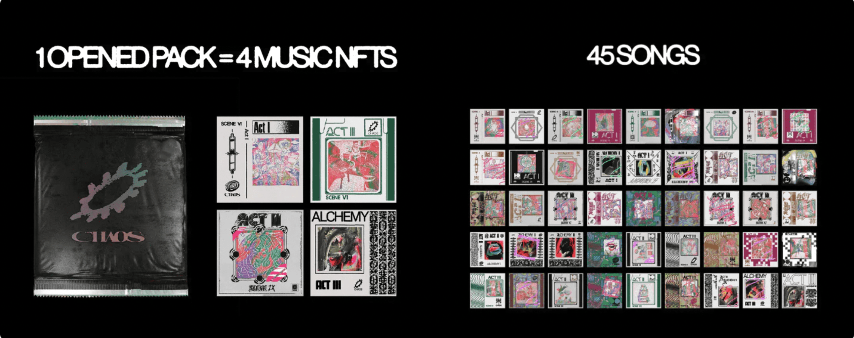 Digital music NFT collection showcasing 45 colorful album covers and packaging design by Hypebot, emphasizing innovative music marketing and digital collectibles in the music industry.