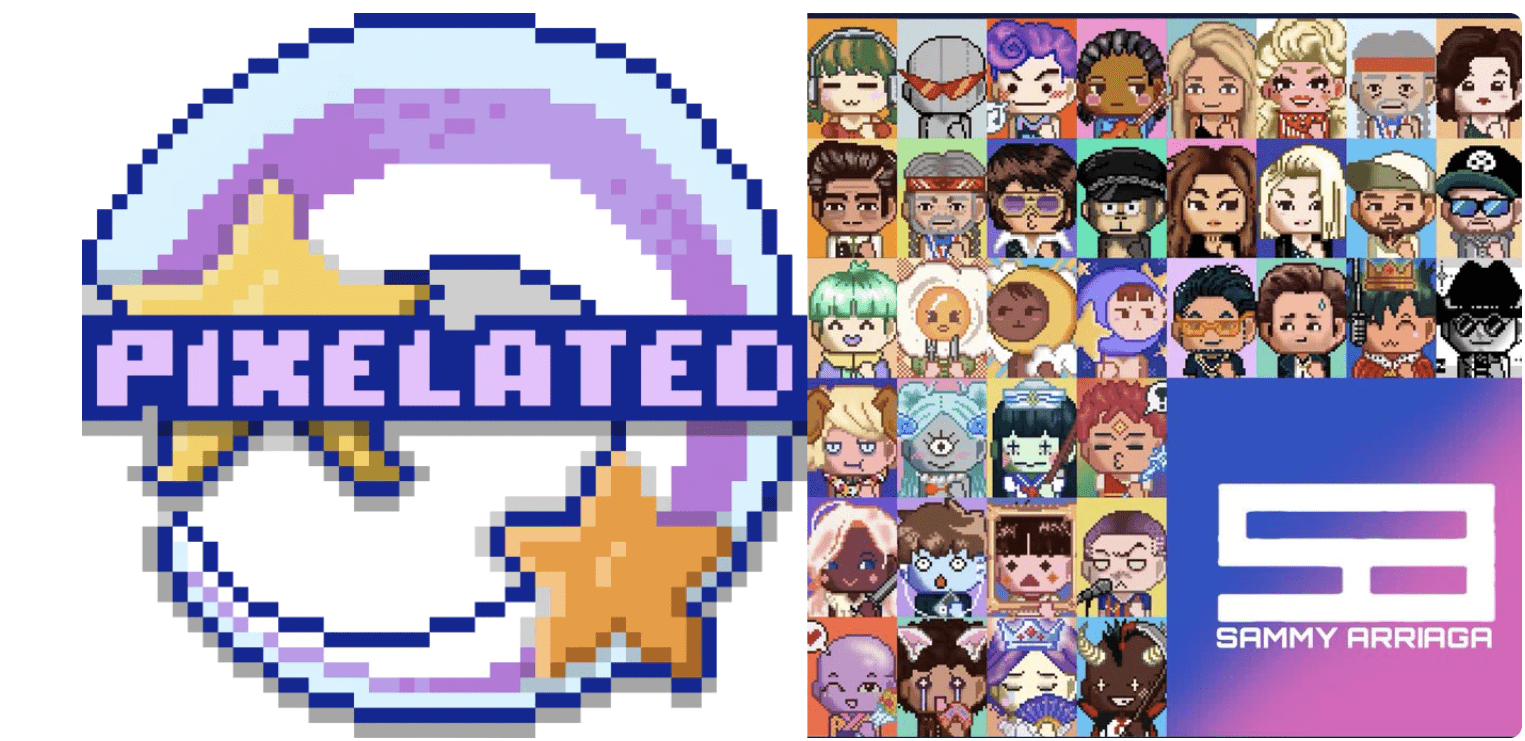 Pixelated pixel art logo with star and rainbow, digital art, representing Pixelated brand or project.