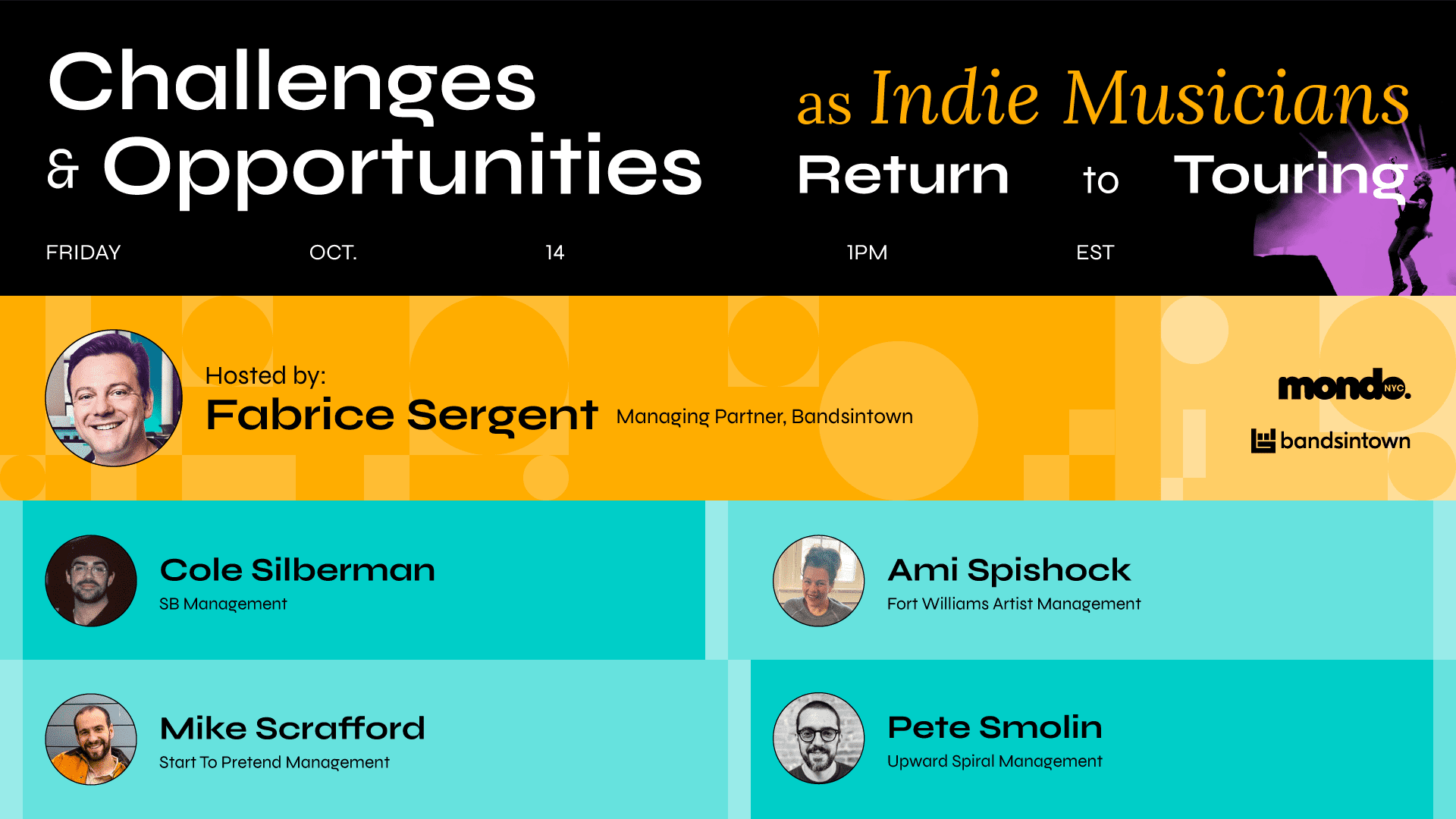Fabrice Sergent hosting an indie musician touring challenges and opportunities event with speakers Cole Silberman, Ami Spishock, Mike Scrафord, and Pete Smolin at Bandsintown and Mondo NYC.