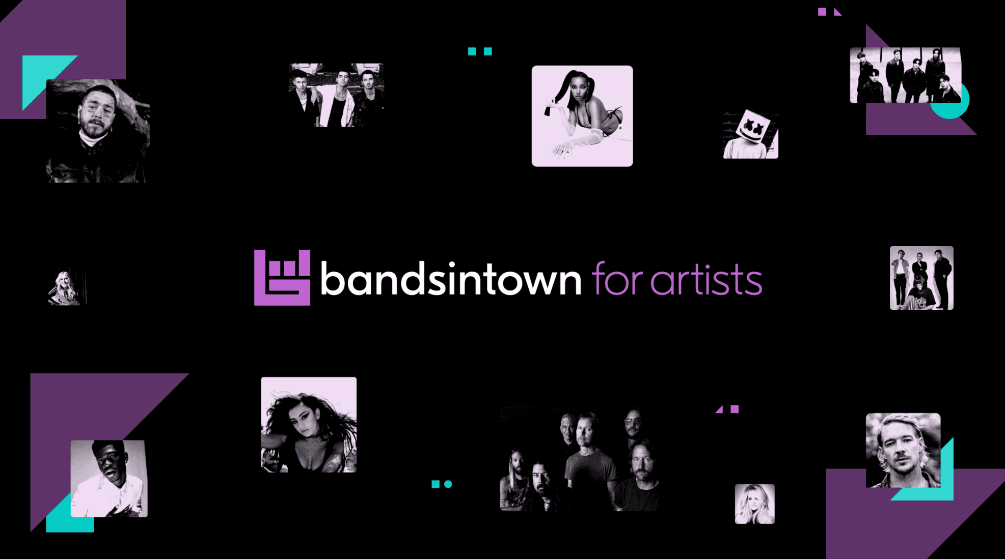 People collaborating and performing on stage at a music industry event with digital graphics, featuring artists and creators, promoting Bandsintown for artists and music promotion.
