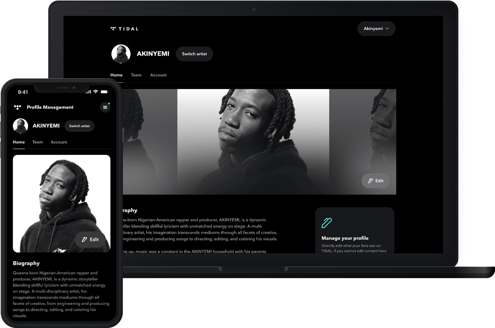 Professional profile of Nigerian-American rapper AKINYEMI on TIDAL music platform, showcasing custom profile design on mobile and desktop devices.