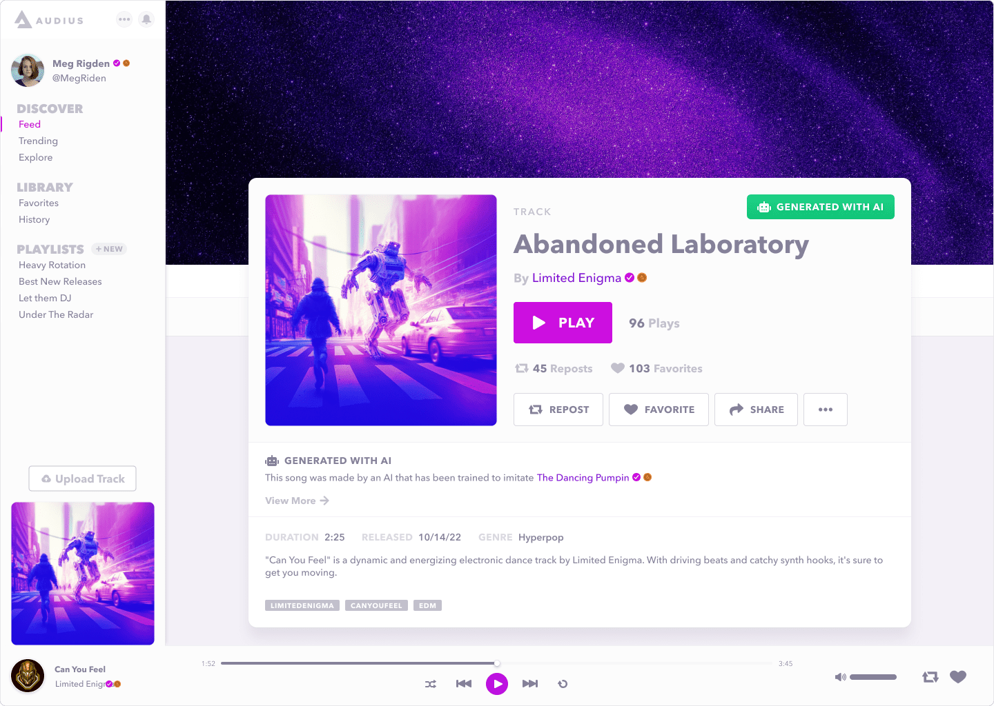 Futuristic cityscape with AI-generated vibrant neon lights, a humanoid robot, and pedestrians on a crosswalk, illustrating electronic dance music and innovative music technology.