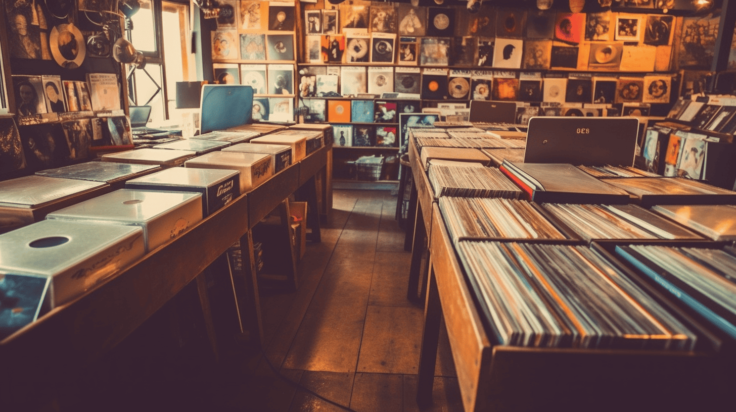 Vintage vinyl record store with wooden tables filled with vinyl albums, shelves lined with music records, and ambient warm lighting for music lovers and collectors.