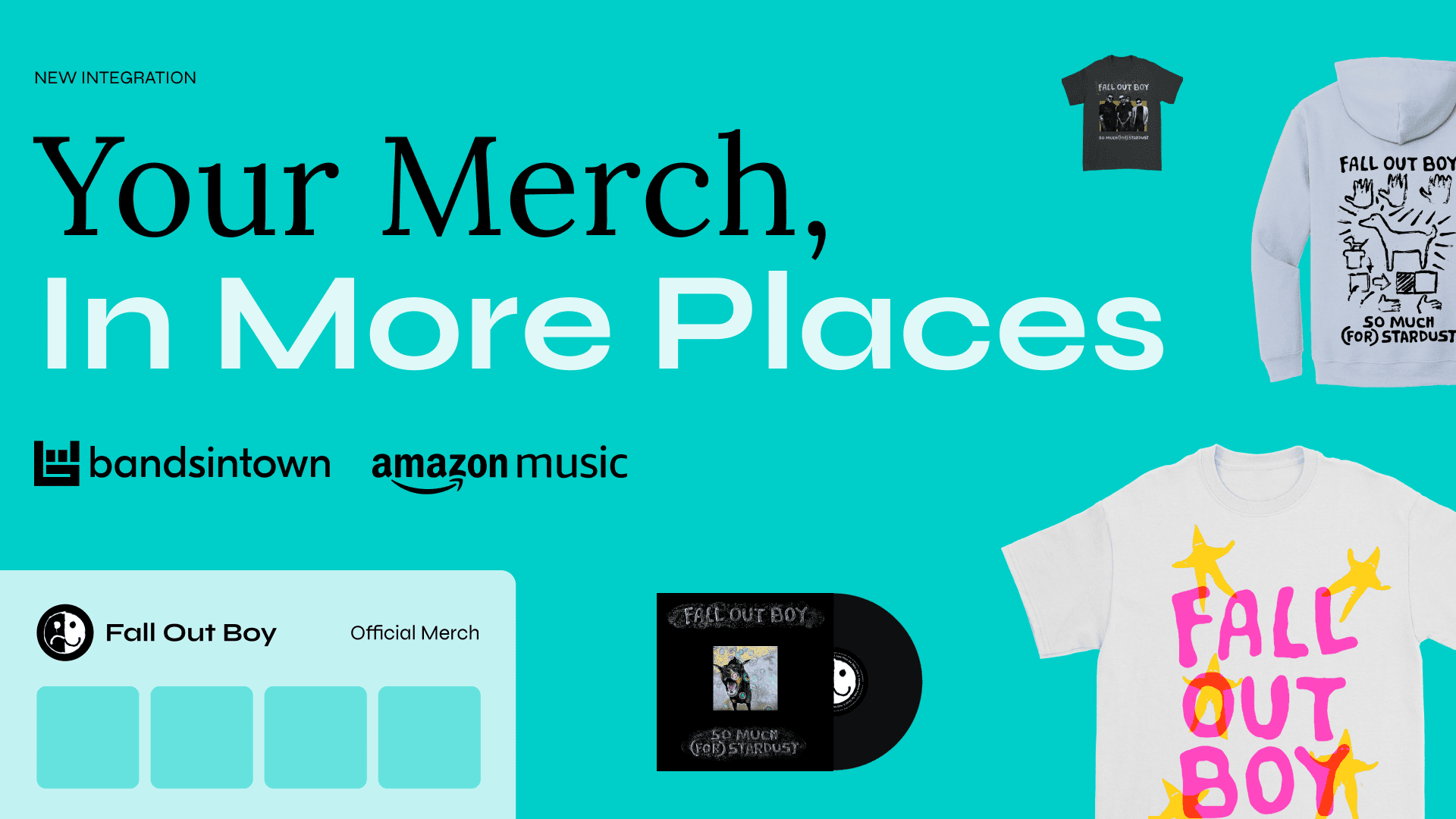 Bandsintown amazon music official merch designs for Fall Out Boy promoting merchandise and music sales on Hypebot.