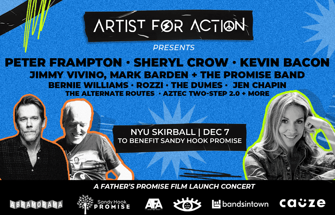 Peter Frampton Sheryl Crow Kevin Bacon concert poster for NYC NYU Skirball event featuring music artists and bands for a charity benefit.