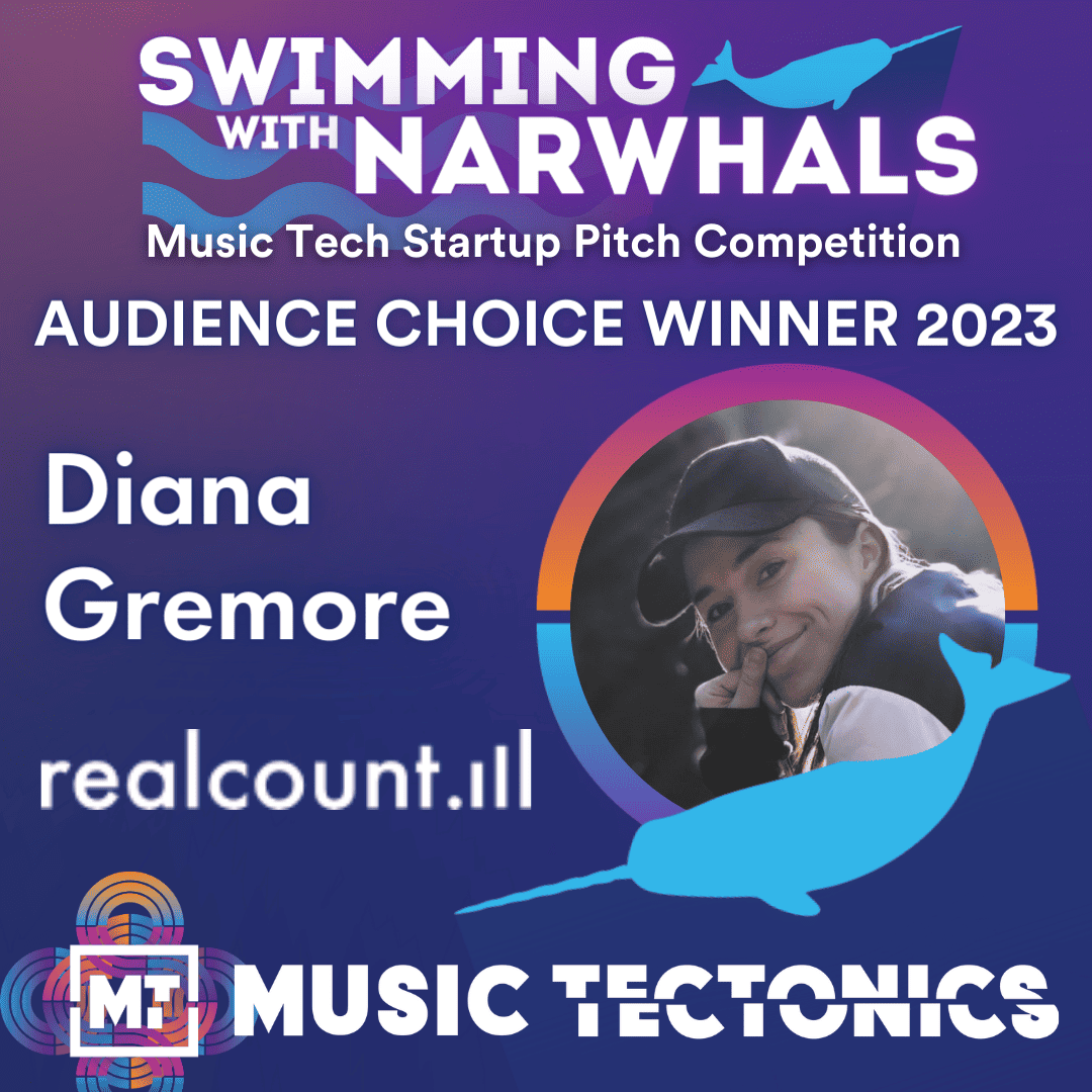 Diana Gremore winning audience choice at music tech startup pitch competition Swimming with Narwhals.
