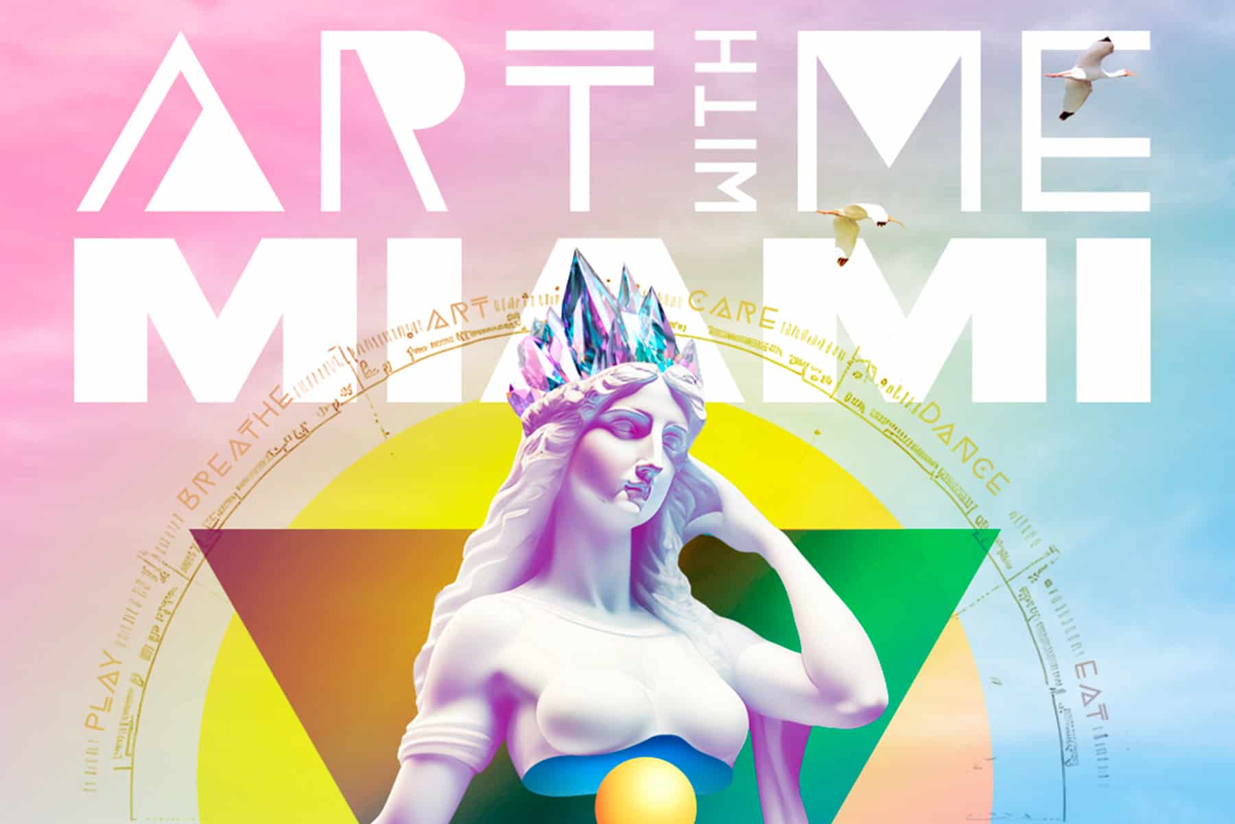A vibrant digital art piece featuring a classical statue of a woman with colorful geometric shapes, a crown of crystals, and flying birds against a pastel sky, blending art, music, and creativity.