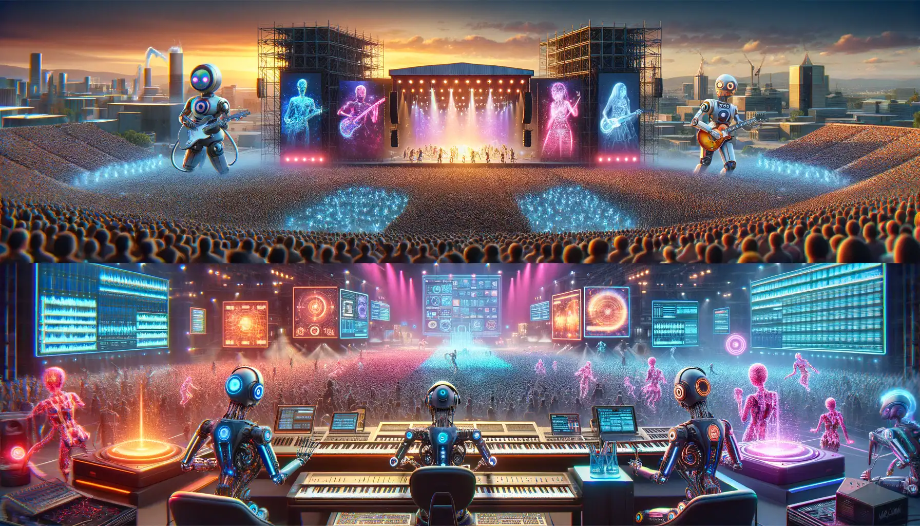 AI-generated futuristic music concert with robots, holographic visuals, and digital technology, highlighting innovative music festivals and technological integration in entertainment.
