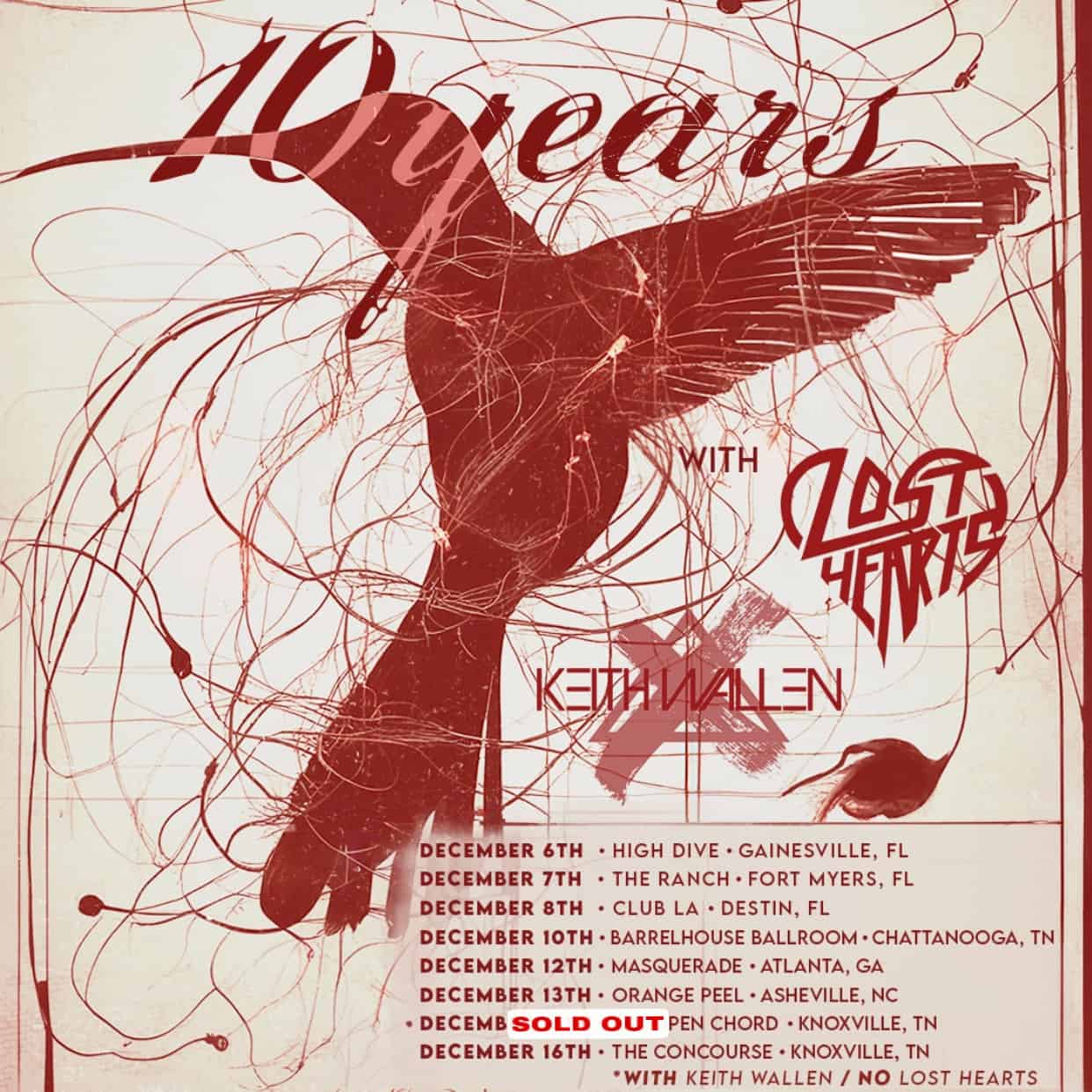 Skeleton of a hummingbird with abstract red lines, promotional poster for Lost Hearts tour featuring Keith Wallen, showcasing tour dates across the southeastern U.S., emphasizing live music event marketing.