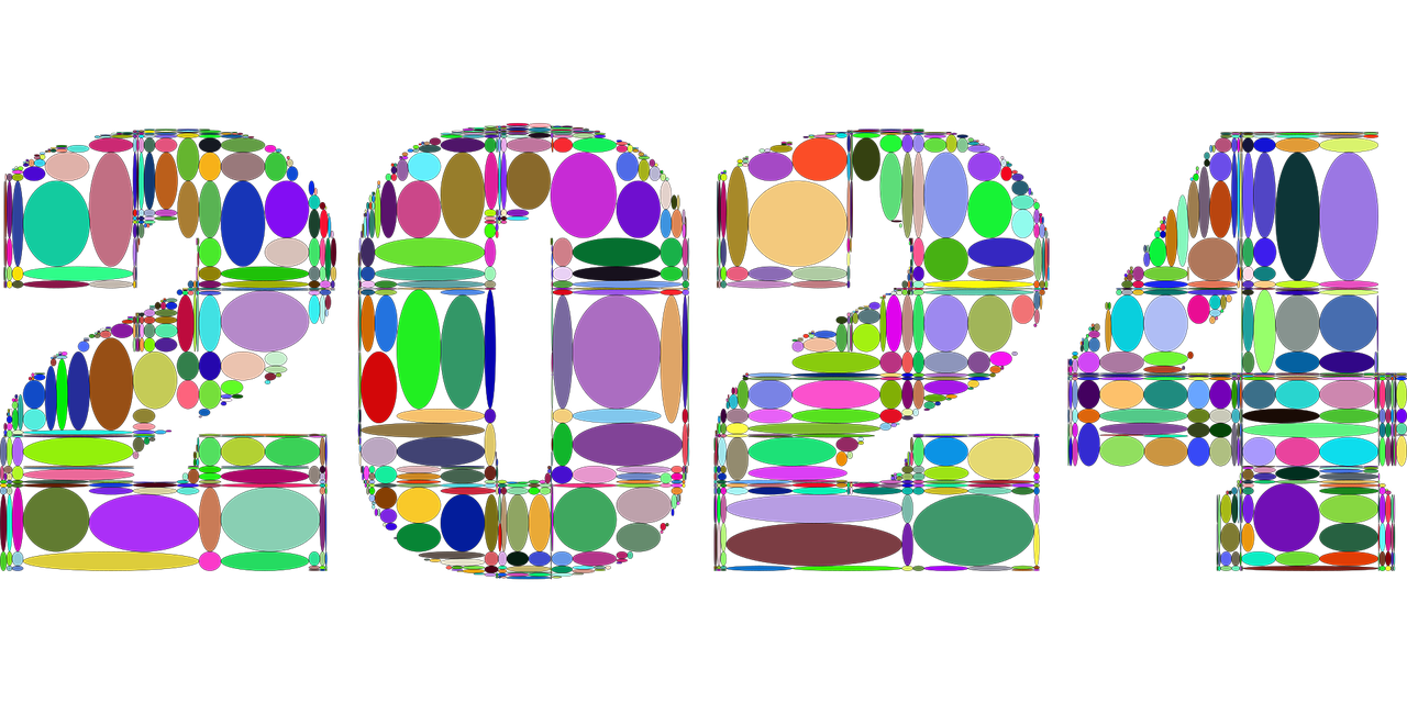 2024 digital artwork with colorful oval shapes forming the number 2024, representing new year celebration and innovation in digital art.