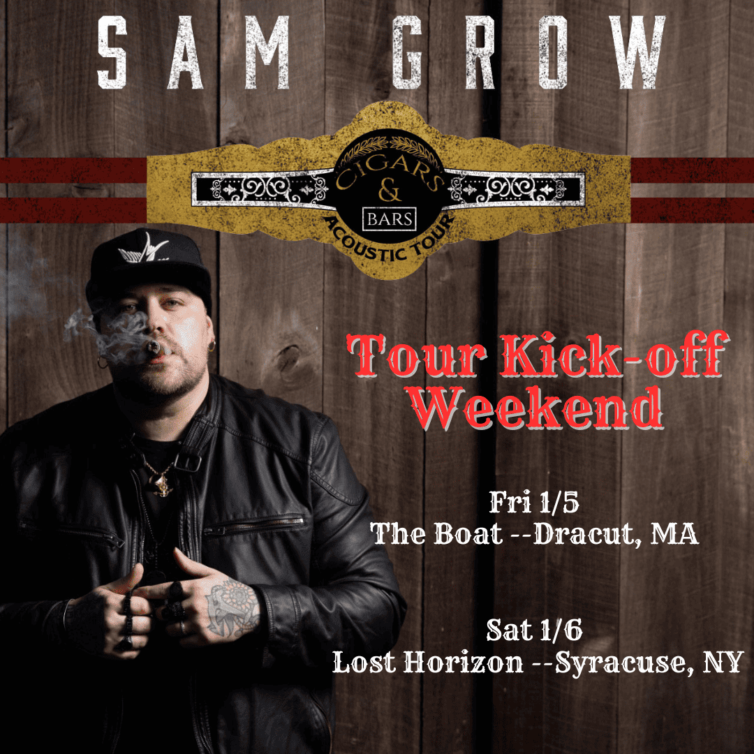 Smoking musician promotional poster for cigars and acoustic tour at The Boat in Dracut, MA and Lost Horizon in Syracuse, NY.